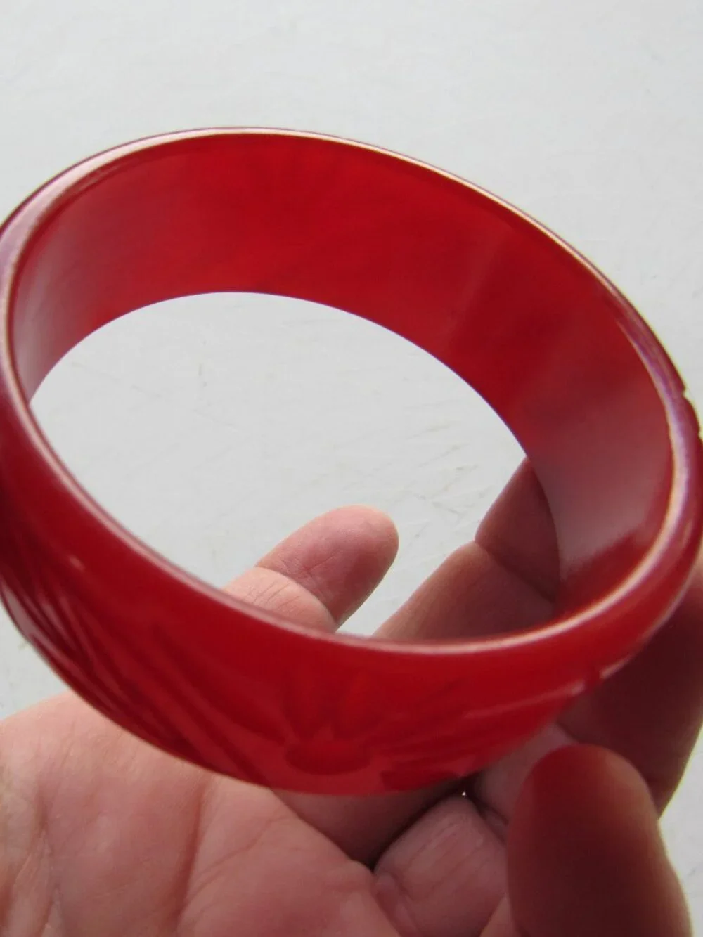 Cherry Red Semi Translucent Carved BAKELITE Bangle Tested